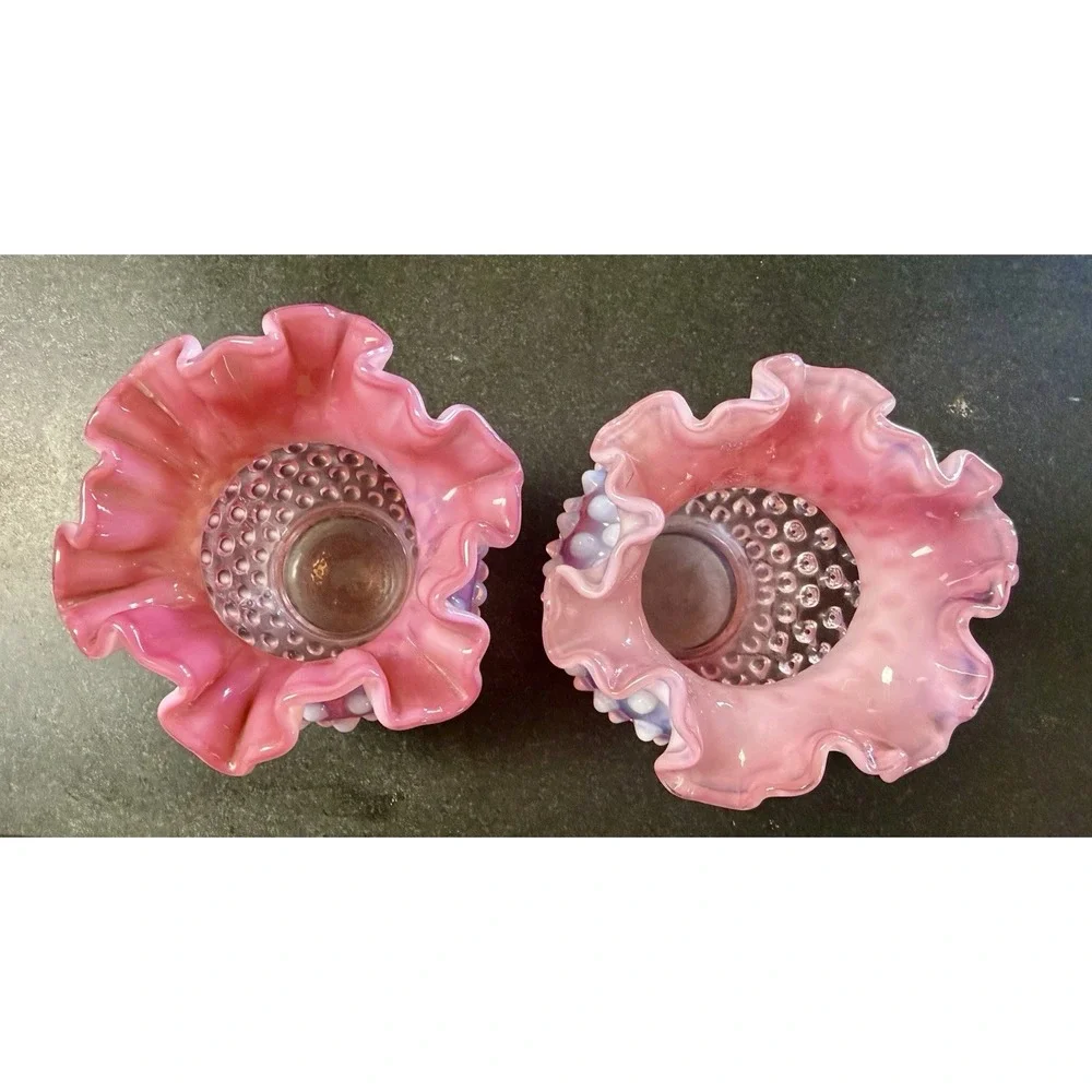 Pair Fenton Cranberry Opalescent Hobnail Rose Bowl Vases – Ruffled Edge – Vtg